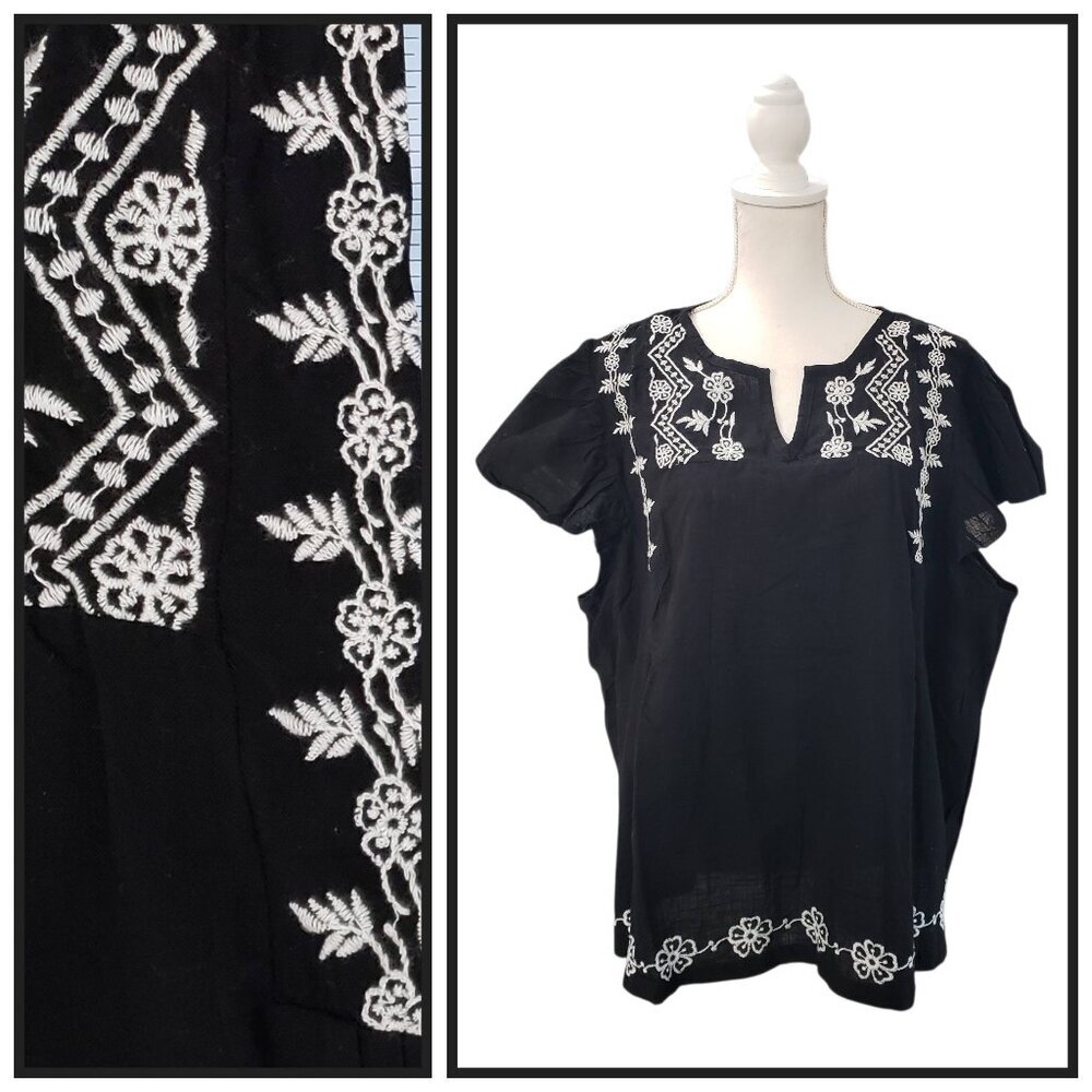 Jennifer & Grace Black Embroidered Boho Top Size 3X NWT